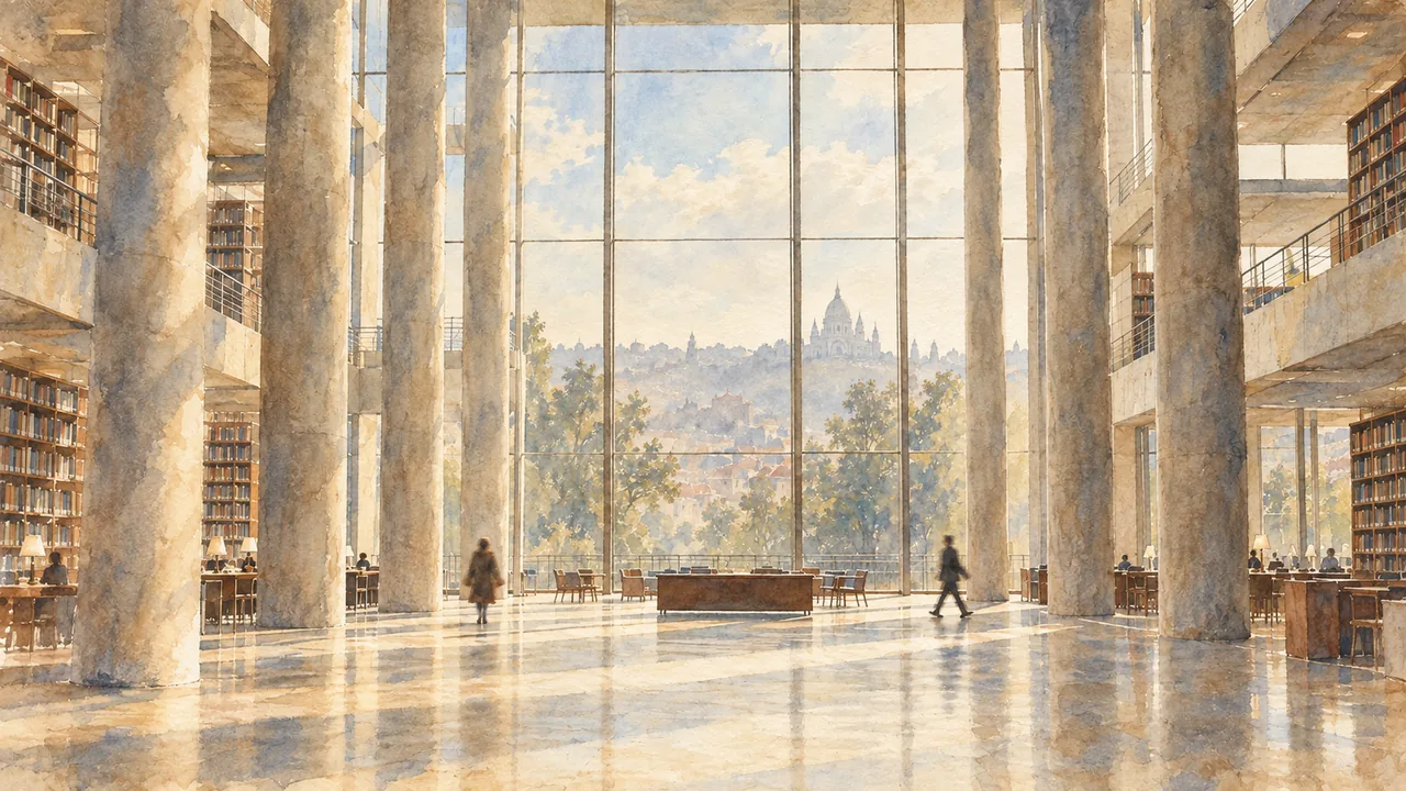 Watercolor of a sunlit library with tall stone columns, readers, and a city beyond its windows.